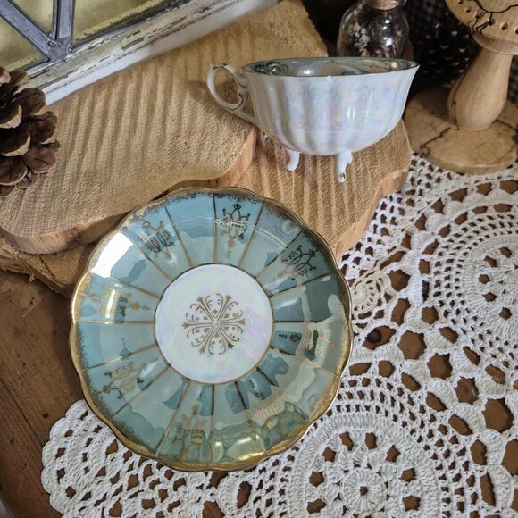 SHAFFORD Vintage Porcelain 3 Feet Cup & Saucer - Turquoise, Gold & Purple - Picture 4 of 8